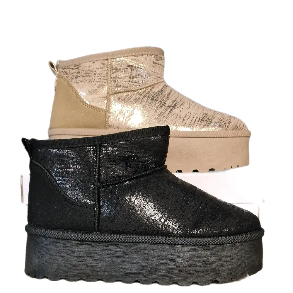 H129 Women's Black Shine and Gold Shine Winter Mid Ankle Platform Boot with Warm Lining and Fur Round Toe, Comfortable for Outdoor Activities - Girl, Footwear