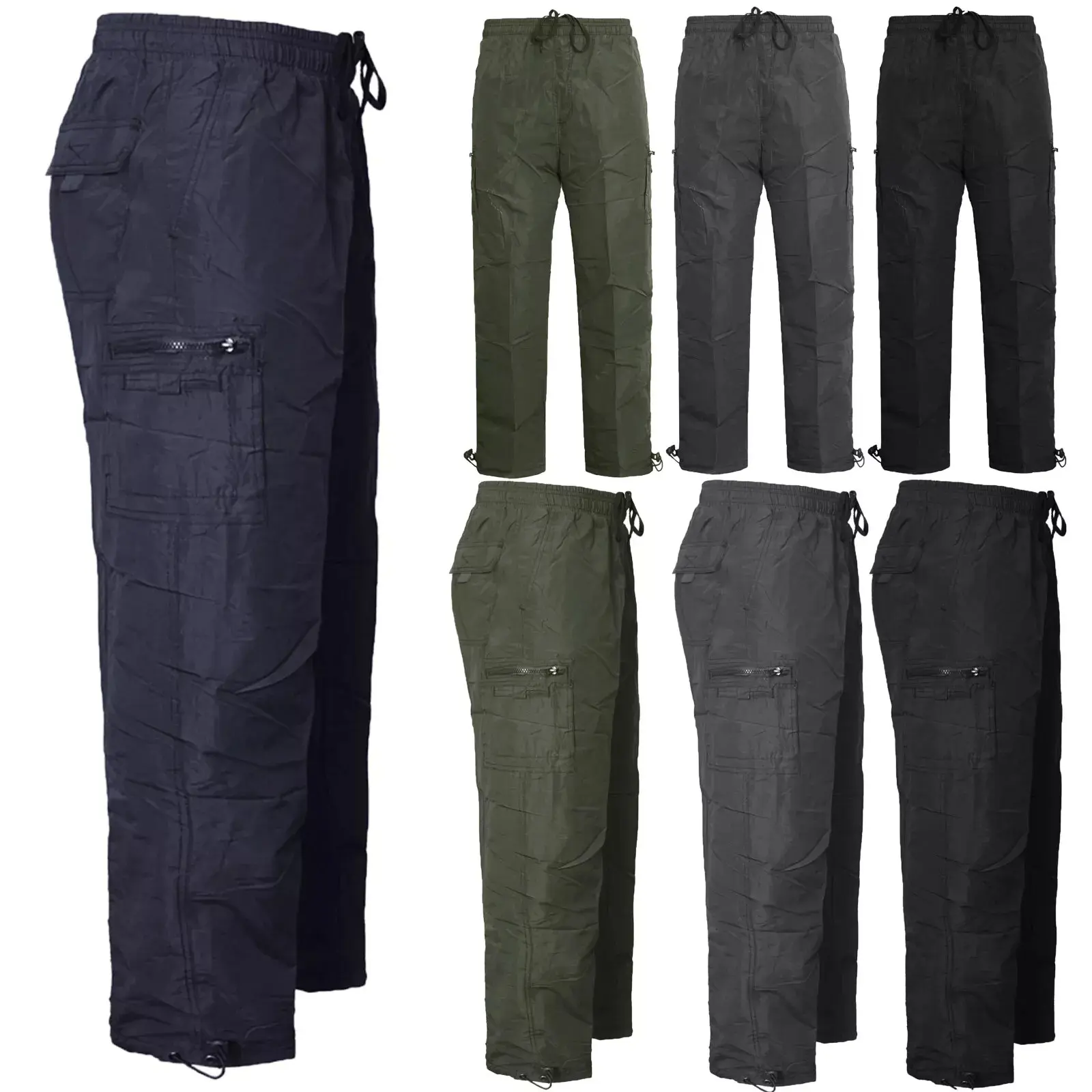 MENS FLEECE LINED THERMAL TROUSERS ELASTICATED WAIST WINTER CASUAL CARGO PANTS Menswear Pocket Khaki Polyester Plain plush men