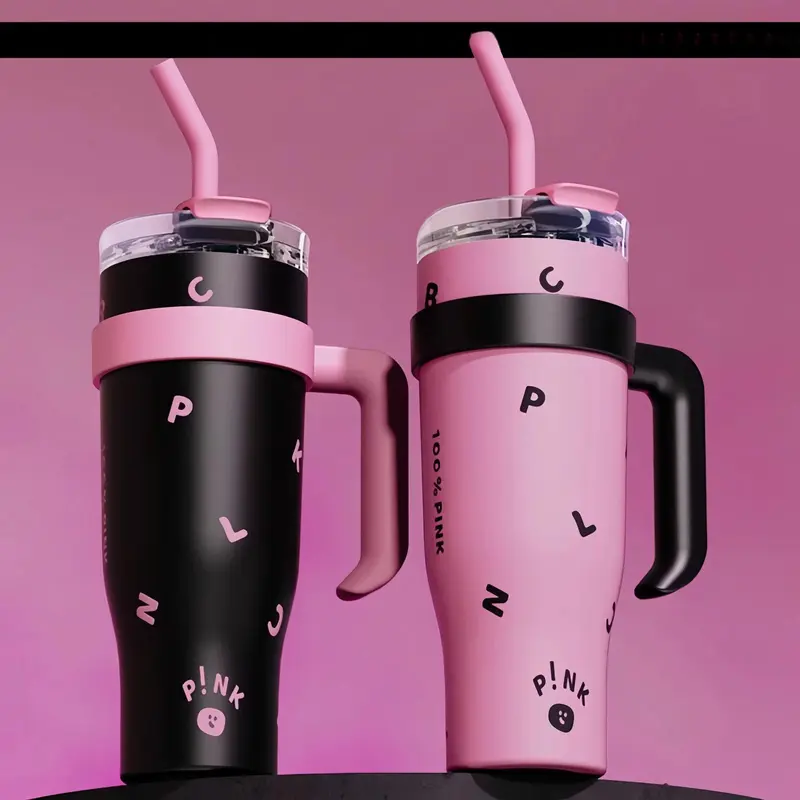 40oz Pink and Black Insulated Tumbler with Handle and Straw - Stainless Steel Leak-Proof Travel Mug, Coffee Cup for Hot and Cold Beverages  Drinkware Flasks Lid Portable Drink Water Bottles glasses Stylish Bottled 0
