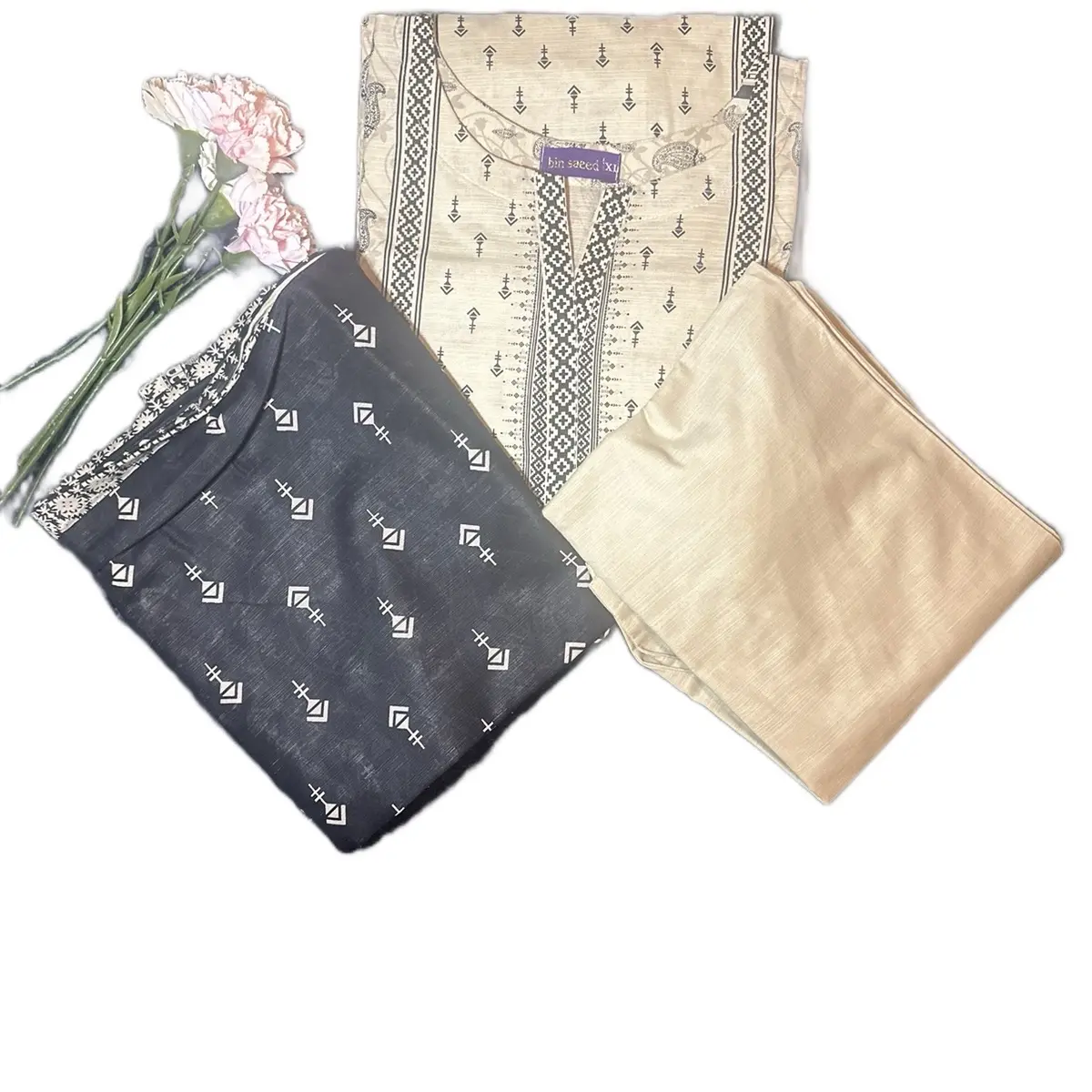 Bin Saeed Khadar Printed Shirt with Plain Trouser Set for Women - Casual Style - Womenswear