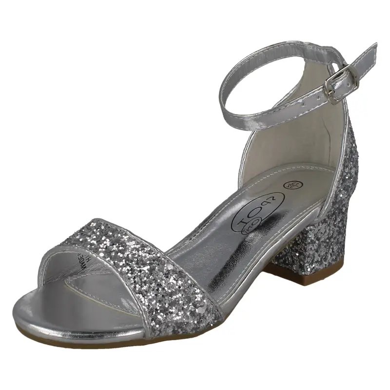 Spot On Girls Mid Heel Glitter Sandals with Adjustable Buckle Ankle Strap 1