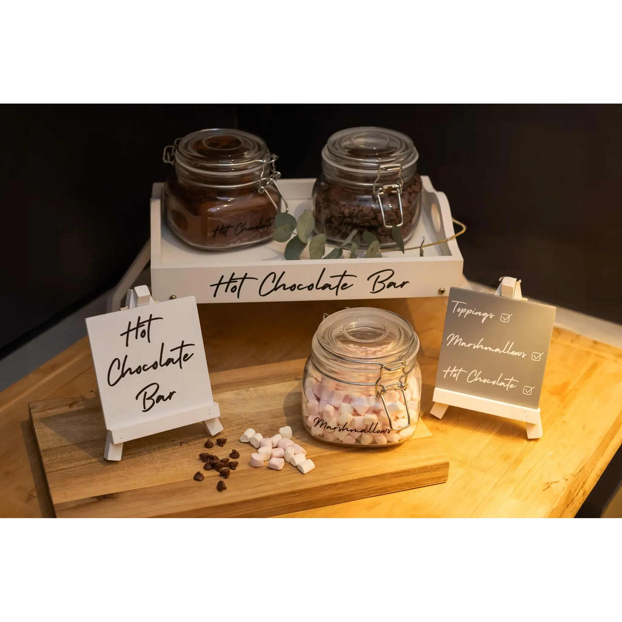 Marco Paul Hot Chocolate Station Set 6pc Glass Jars Storage Easel Cocoa Kitchen Set House Decor Spoon Set Hot Chocolate Stirrers Glass Storage Jars Chocolate Drink Maker Home Decor