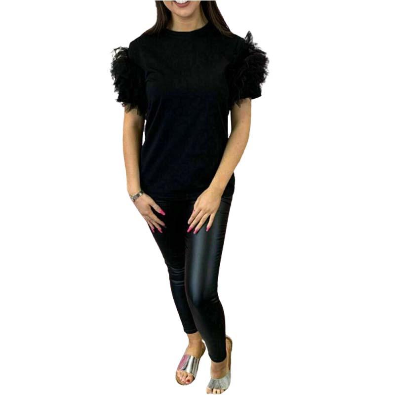 Womens Ladies Tulle Scoop Neck Frill Mesh Puff Short Sleeve Party Tee TShirt Top 5