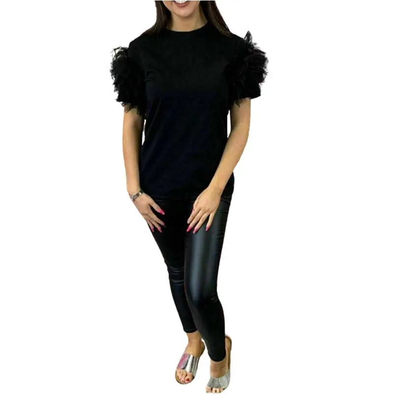 Womens Ladies Tulle Scoop Neck Frill Mesh Puff Short Sleeve Party Tee TShirt Top 4