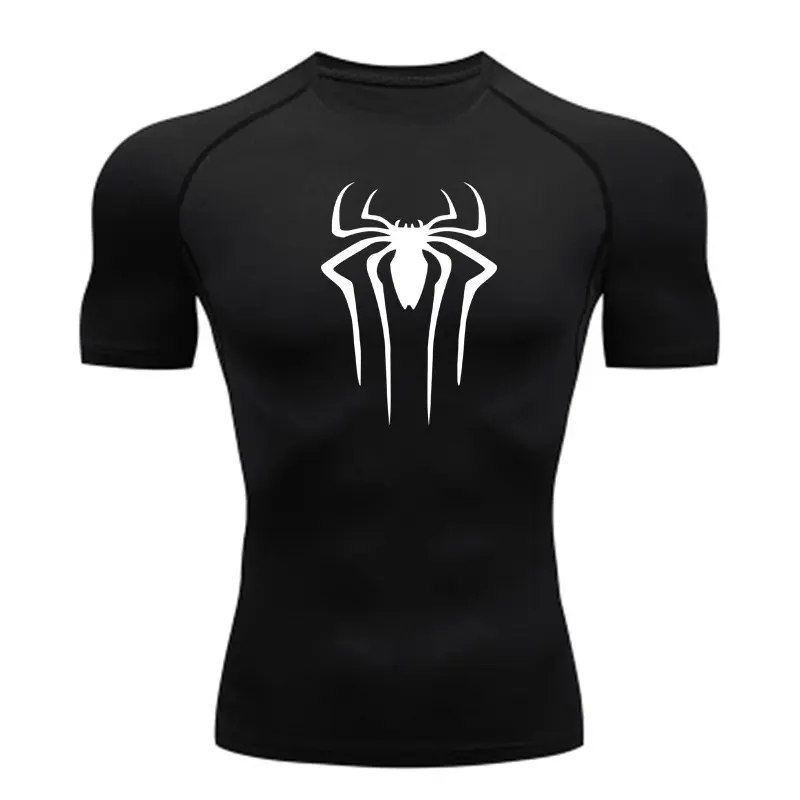 Spider Print Compression Shirts for Men Summer Short Sleeve Rash Guard Gym Workout Tshirt Athletic Quick Dry Undershirts Tops
