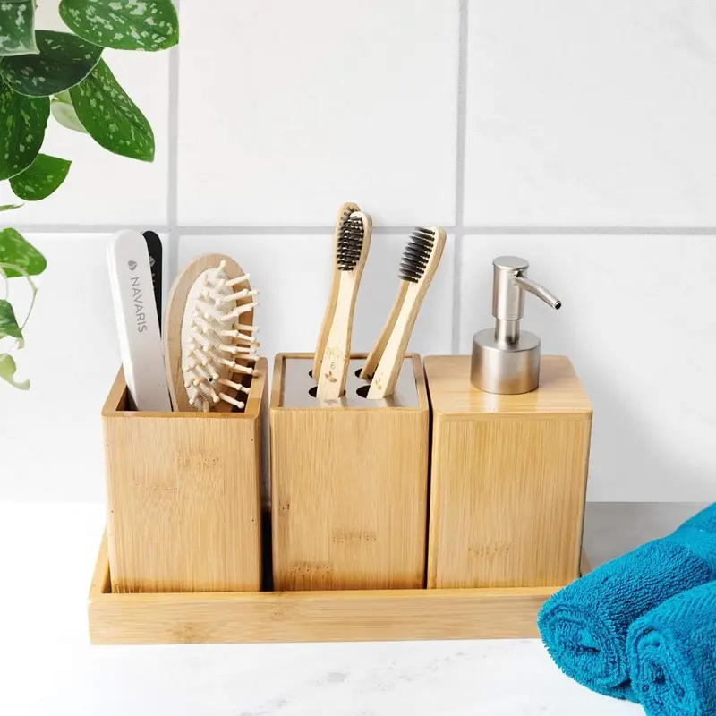 Bamboo Bathroom Accessories Set - 4-Piece Bath Set with Toothbrush Holder, Soap Dispenser, Storage Container, Organiser Tray - Natural Wood 1