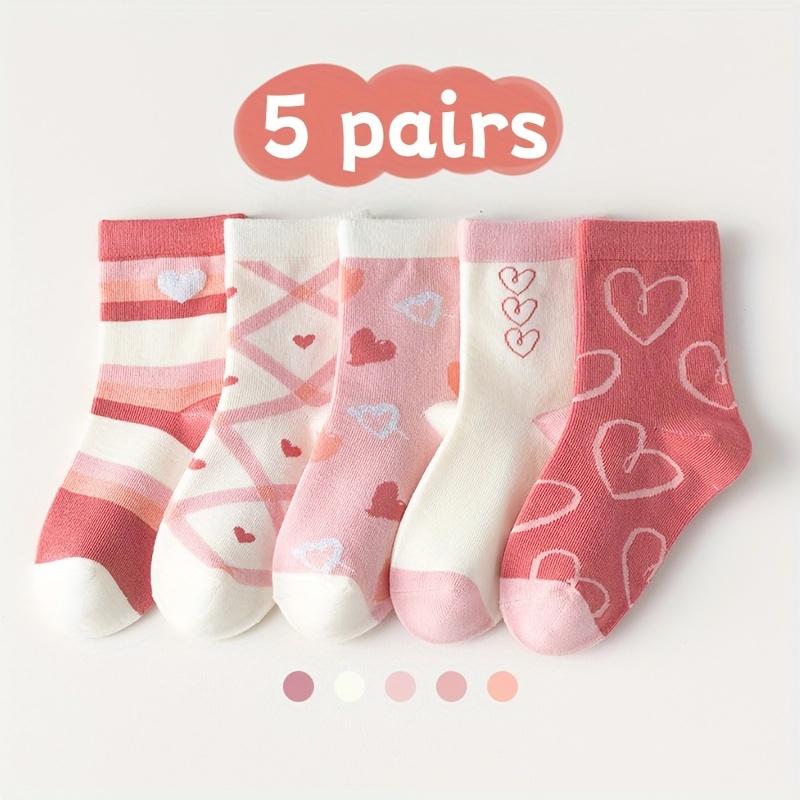 5 Pairs Girls Socks Set, Sweet Hearts And Stripes Print Crew Socks For Youth Kids 0