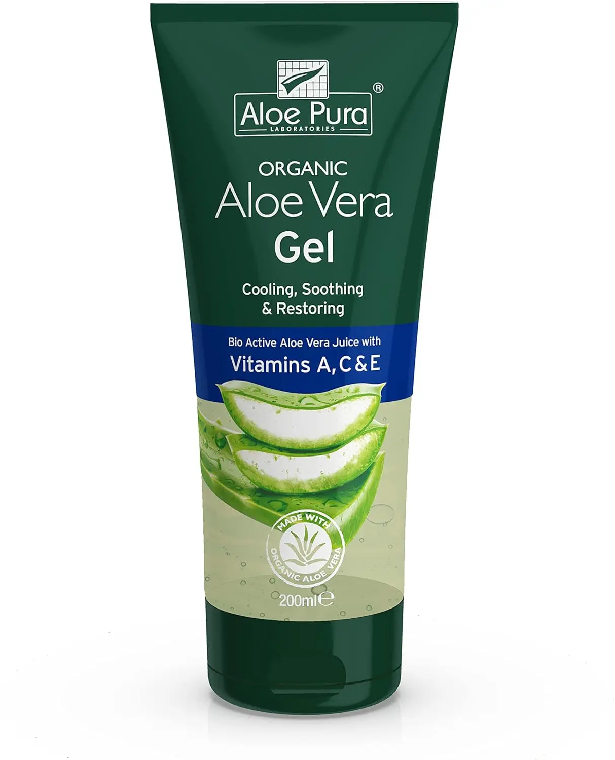 Organic Aloe Vera Gel with Vitamin's A, C and E, Natural, Vegan, Cruelty Free, Paraben and SLS Free, Soothing, Restoring, 200 ml