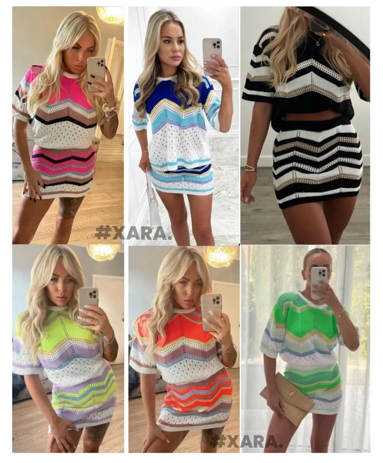 XARA. Loui Knitted Skirt Set Co Ord Two Piece 2pc Crochet Top Jumper Skirt Black Beige Cream Pink Green Yellow Pink Orange BEST SELLER Sizes UK 6-14
