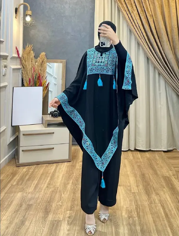 Todays Look: (TOP ONLY)Black and blue Crepe shawl with Embroidery for Women Palestinian Culture Style 2