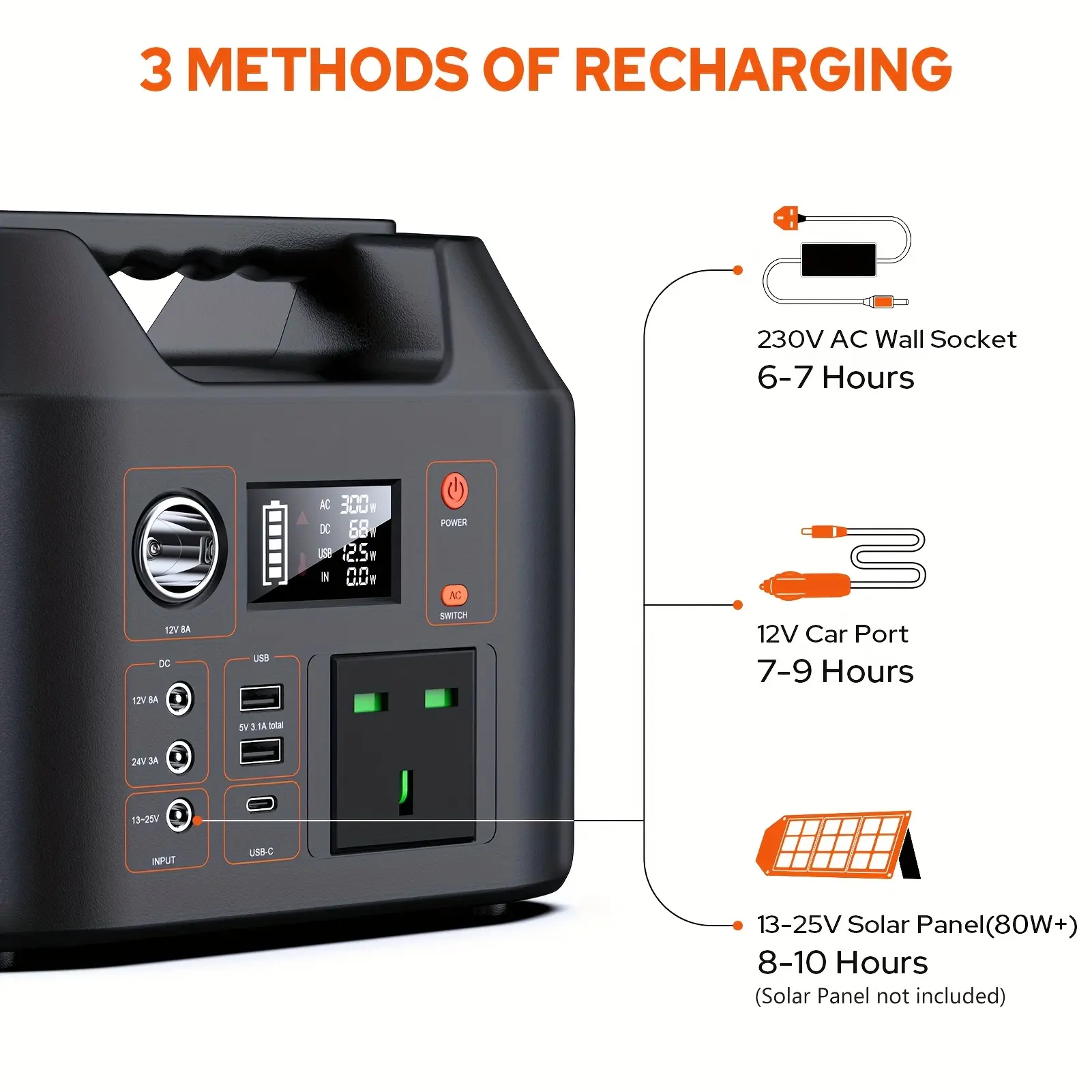 SinKeu Portable Power Station 296Wh/300W Solar Generator with 7 Outputs-12V DC/USB A&C, 230V Pure Sine Wave AC Outlet, 80000mAh Battery Pack with LED Light for Outdoor Camping, RVs, Partys & Home Emergency Power Supply (Solar Panel Not Included)