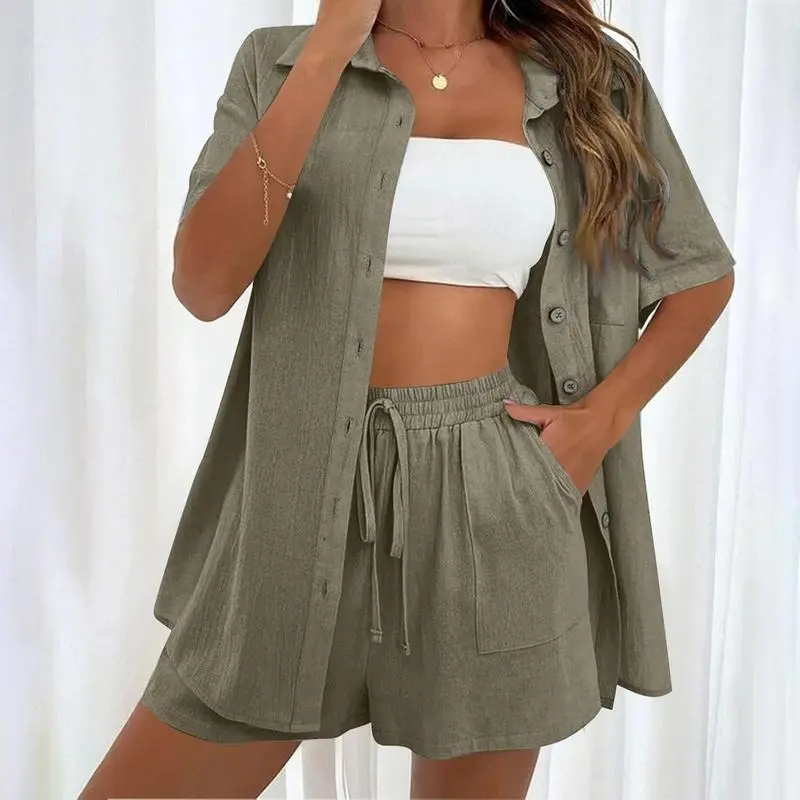 Two-Piece Set Womenswear Solid Button Front Shirt & Drawstring Waist Shorts Set, Comfort Short Sleeve Summer Tops & High Waist Shorts, Back To School Minimalist Co-ords, Ladies Summer Outfits 2025, Holiday Outfits 2024, Y2k Outfits Streetwear. Daily Wear 8