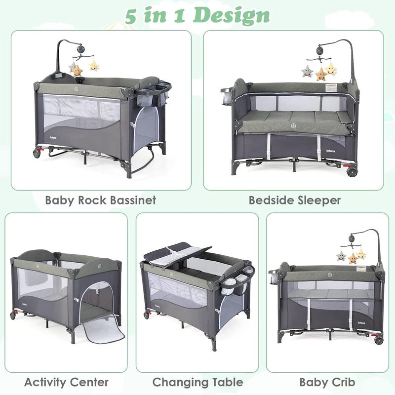 COSTWAY 5 in 1 Travel Cot, Foldable Baby Bedside Sleeper with Diaper Changer, Mattress, Carry Bag, Music Box and Hanging Toys, Portable Playard for Newborn Toddlers 1