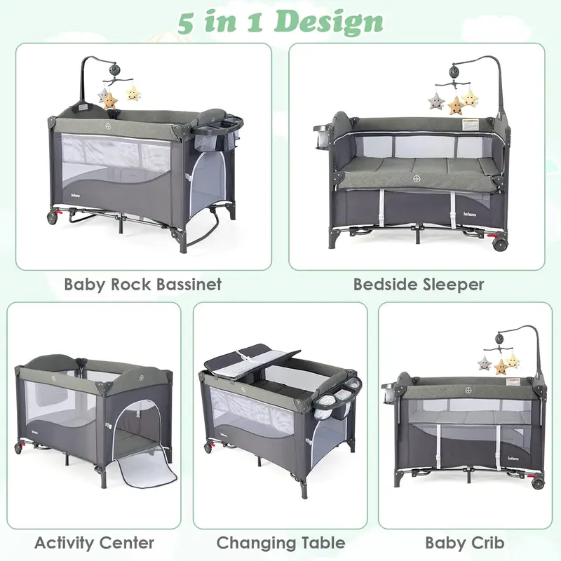COSTWAY 5 in 1 Travel Cot, Foldable Baby Bedside Sleeper with Diaper Changer, Mattress, Carry Bag, Music Box and Hanging Toys, Portable Playard for Newborn Toddlers 1