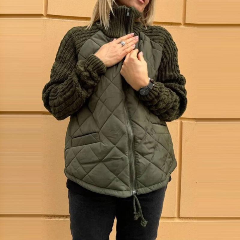 Women Stand Collar Fashion Knitted Stitching Jacket Womenswear coat solid minimalist Fabric Knitwear Army Check Garment Hoodie 1