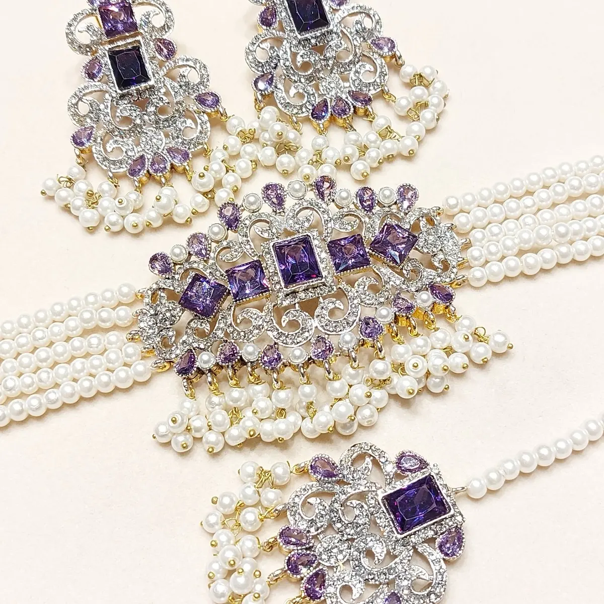 MJB 045 Zircon Choker Set and Real Stone - Bridal Set with Earrings,Tikka, and Pearls Bandhai Necklace