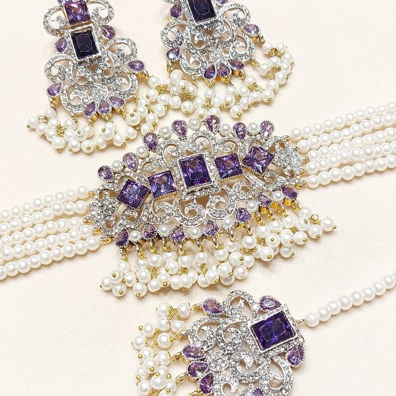 Zircon Choker Set with Real Stone MJB 045 - Bridal Set with Earrings,Tikka, and Pearls Bandhai Necklace 2