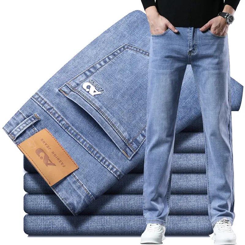 2024  Men's Workwear Jeans Classic Stretch Fabrics Loose Straight-leg Trousers Casual All-match Denim Pants Male Menswear Streetwear Beige Plain Pocket Vintage Light Blue