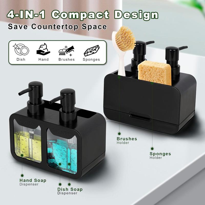 Kitchen Soap Dispenser,Hand and Dish Soap Dispenser and Spong Caddy with Brush Holder,3 in 1 Countertop Organizer for Kitchen Sink(Black) 4