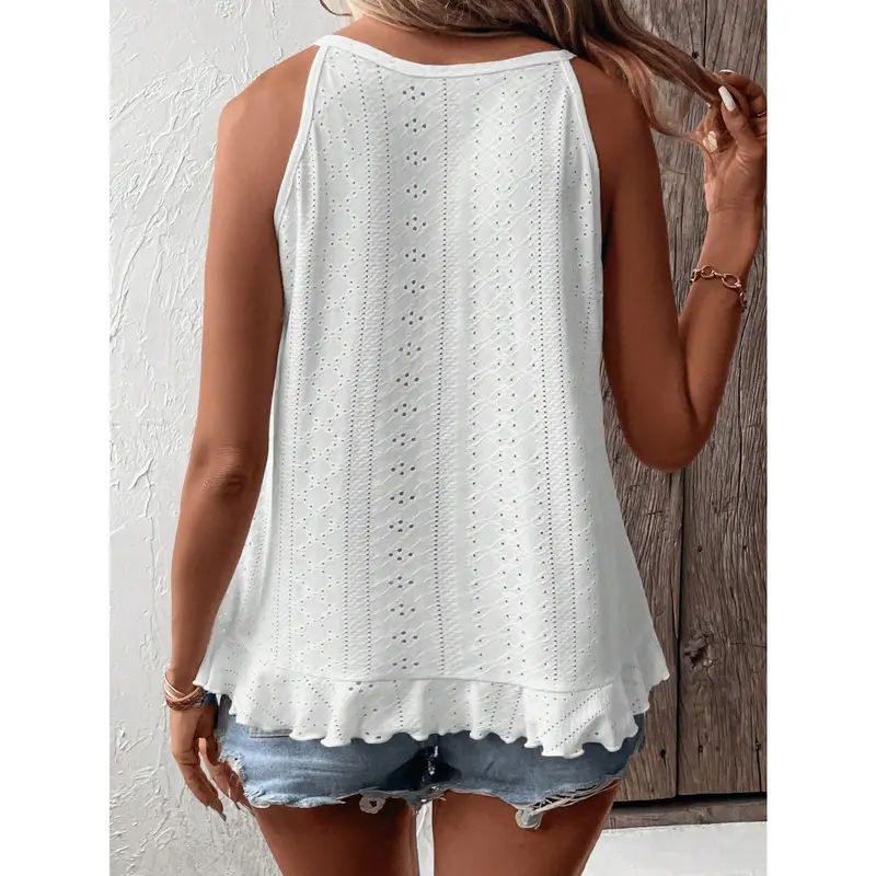 INAWLY Plus Size Women Solid Color Summer Asymmetric Hem Holder Neck Tank Top Fabric Fit Womenswear Embroidery Comfort Polyester Sheer Basic Casual Crewneck 1
