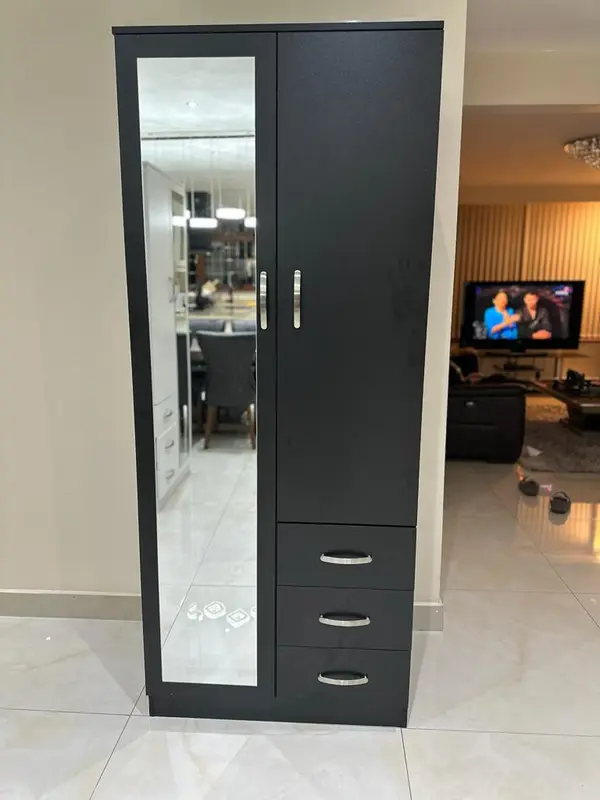 PALAKLOT 2 Door 3 Drawer Full-length Mirror Wardrobe | Modular Cabinet for Space Saving | Ideal Storage Organizer (Black) 3