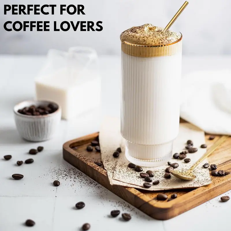 Stunning Ripple Crystal Highball Glasses- 2 Handmade Coffee Glasses + Cocktail Accessories | 2 Metal Straws, Bar Spoon & Jigger Drinkware Reusable Set Stylish 2
