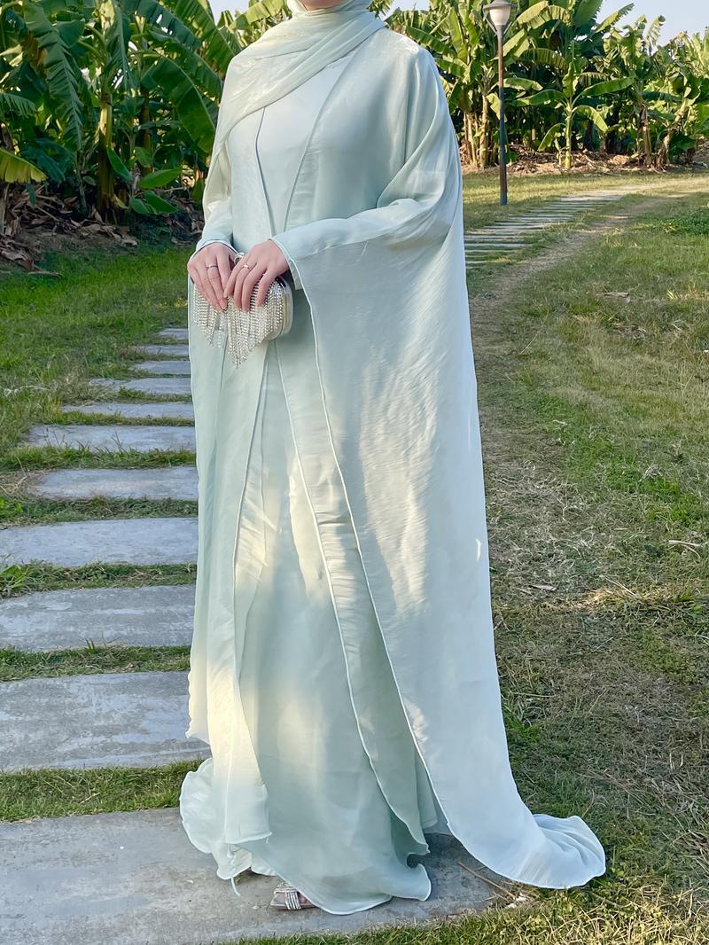 Product Introduction of #LY06  Ramadan Promotion Three-piece Elegant butterfly organza abaya set, shimmer abaya set with inner dress and hijab 15