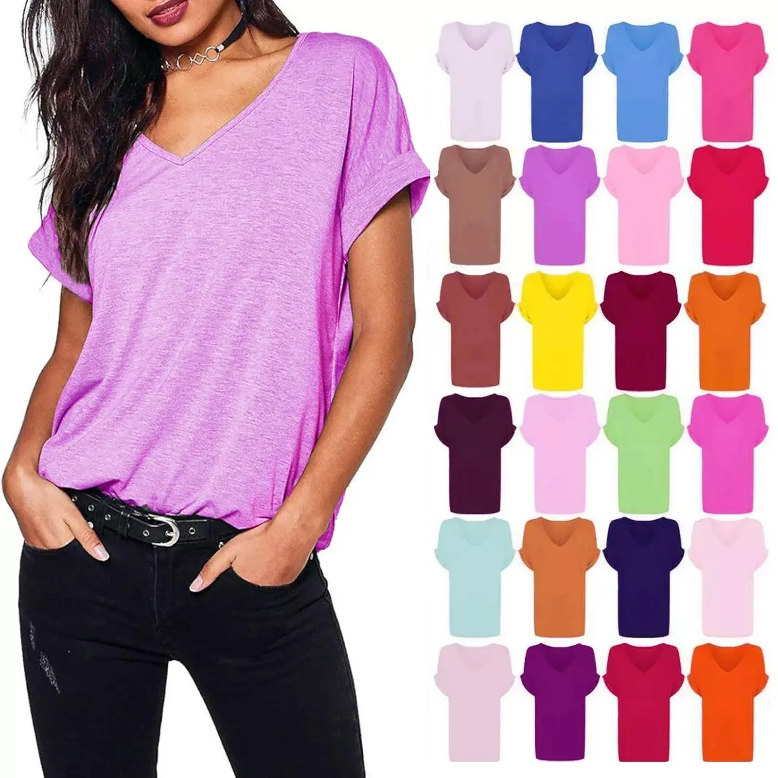 Women's Oversize Fit V Neck Top Ladies Baggy Batwing Turn Up Sleeve Casual T-Shirt Sizes 8-26 UK Comfort Comfortable