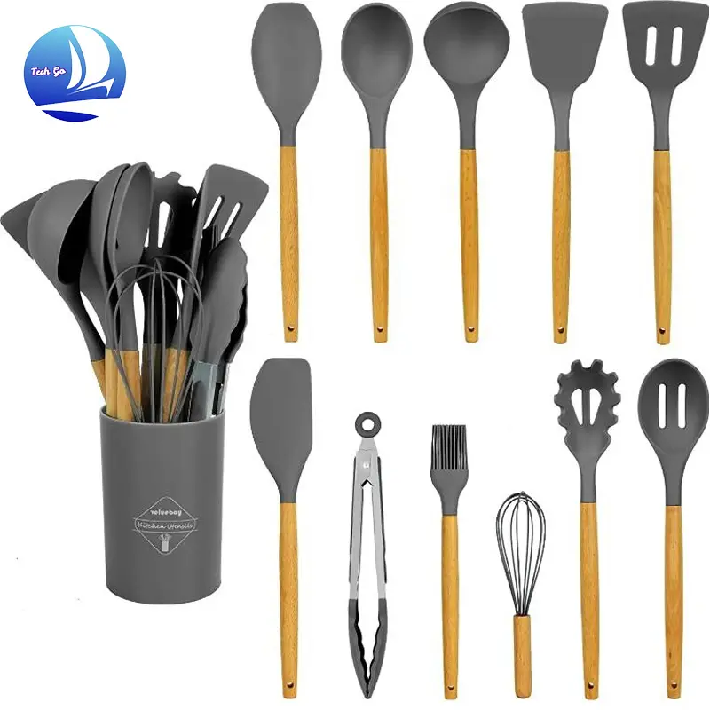 【UK SELLER Delivered with in 48H】12 Pieces Set Kitchen Accessories Non-Stick Kitchenware Spatula Silicone Cooking Utensils Set With Wooden Handles Cookware Sturdy utensil  holder  Multicolor