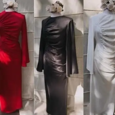 Satin Ruched Long Flare Sleeve Maxi Occasion Modest Dress Khaki Taupe white red & Black Long Sleeve Formal Womens Party