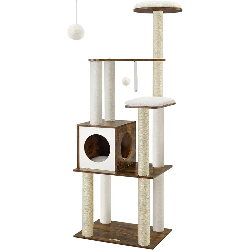Woodywonders Cat Tree, 65-Inch Modern Cat Tower for Indoor Cats, Multi-Level Cat Condo with 5 Scratching Posts, Perch, Washable Removable Cushions, Cat Furniture, Rustic Brown UPCT166X01 0