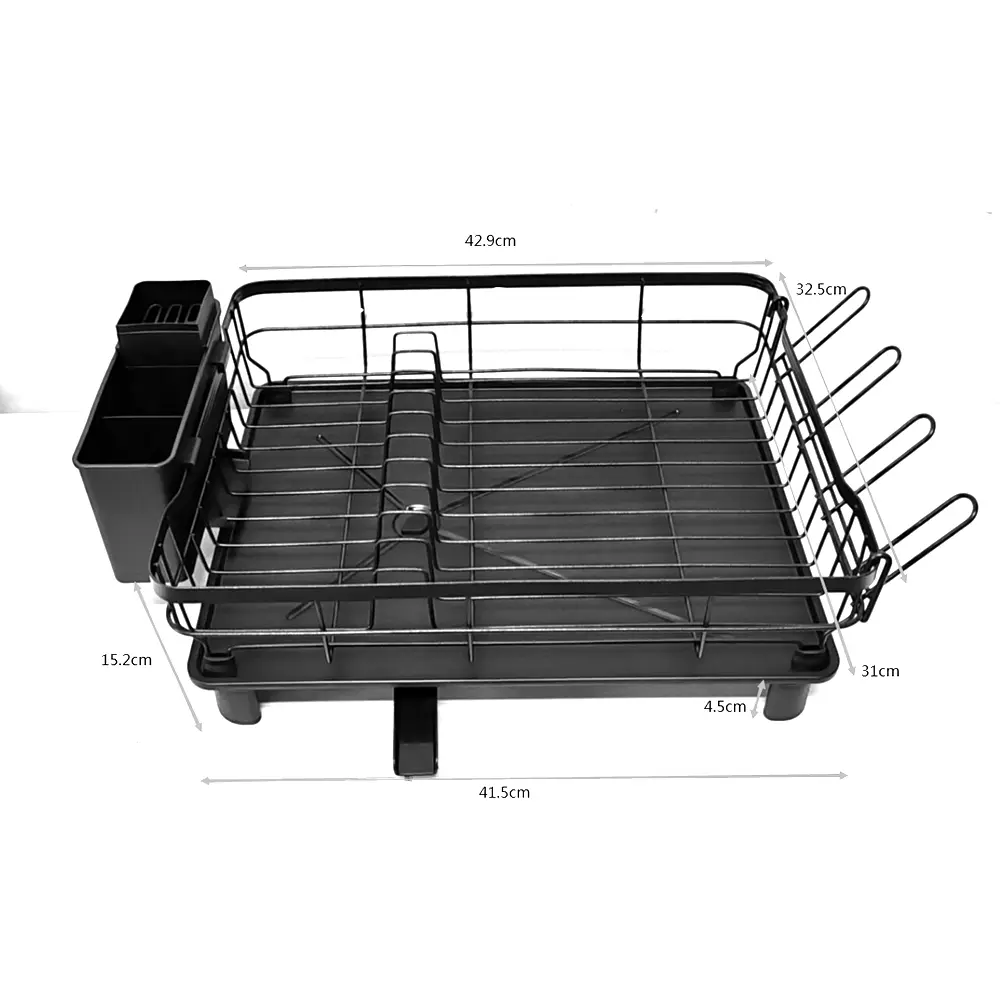 Compact Stainless Steel Dish Drying Rack with Drainer and Utensil Holder - Black - Detachable, Kitchen Organiser Accessory Tool Compartment