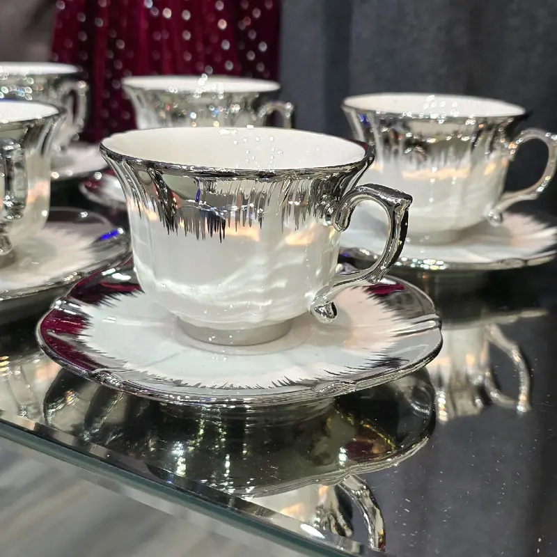 Elegant Turkish Ceramic Tea Set with Golden & Silver Accents and Stand for Tea Lovers - Teacup 1