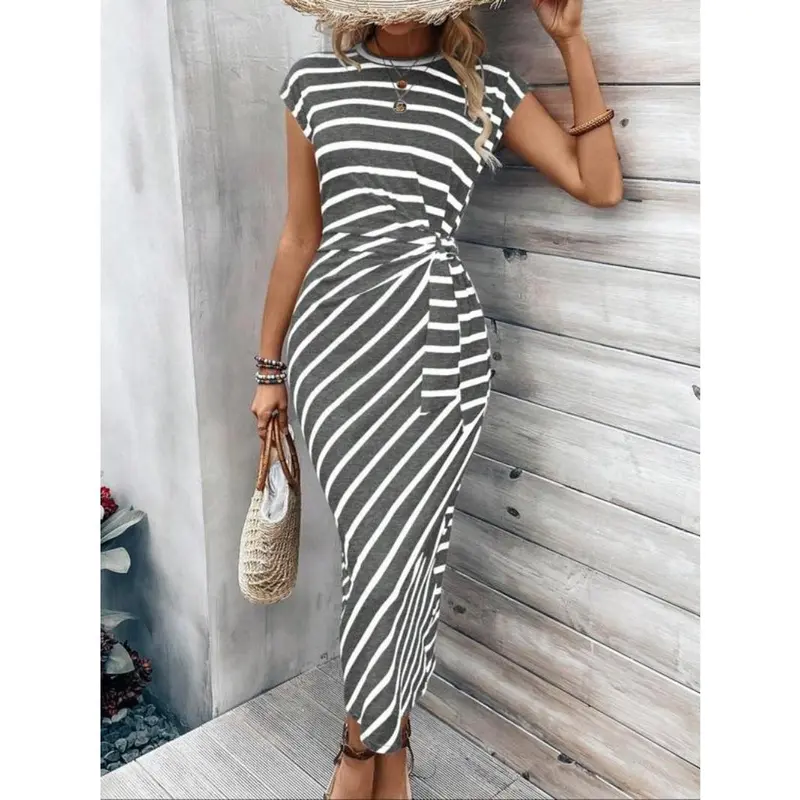 Women's Striped Print Knot Batwing Sleeve Dress, Dress in Club for Women, Summer Dresses 2024, Long Black Ladies Fancy Dress, Sundress Maxi Dress, Ladies Muscle Mommy Coming Home Outfit, Girls Birthday Gift, Party Dresses， Tall Clothing Women 8