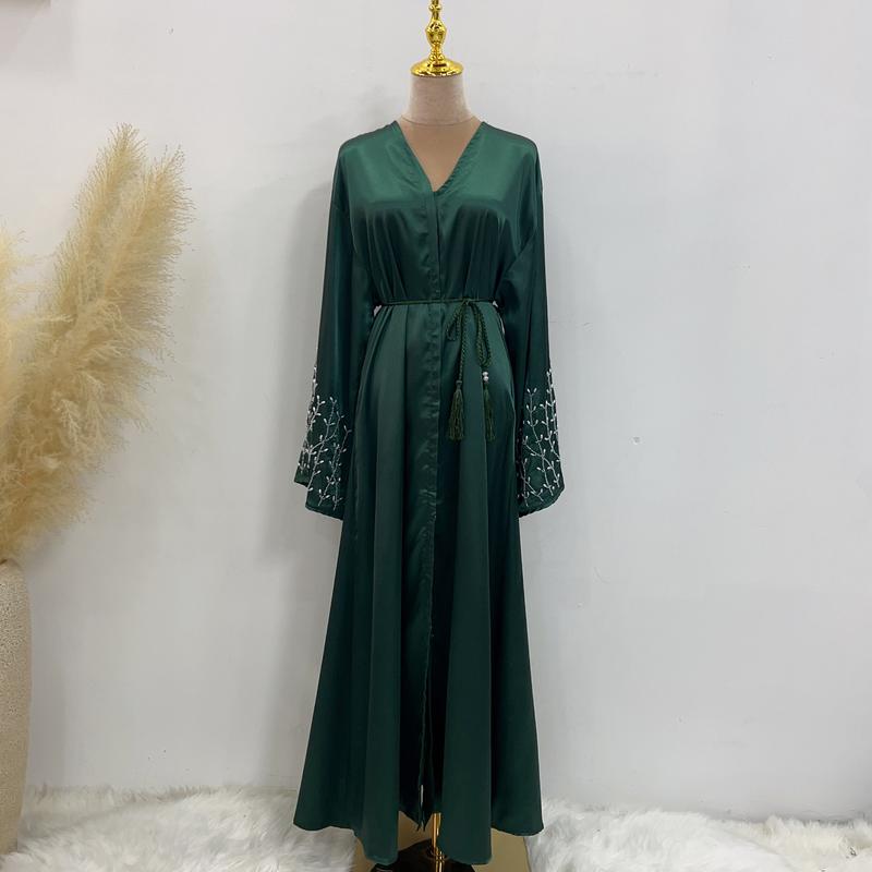 Product Introduction of HS1024 1pcs Satin Cardigan Handmade Beaded Dress Abaya 26