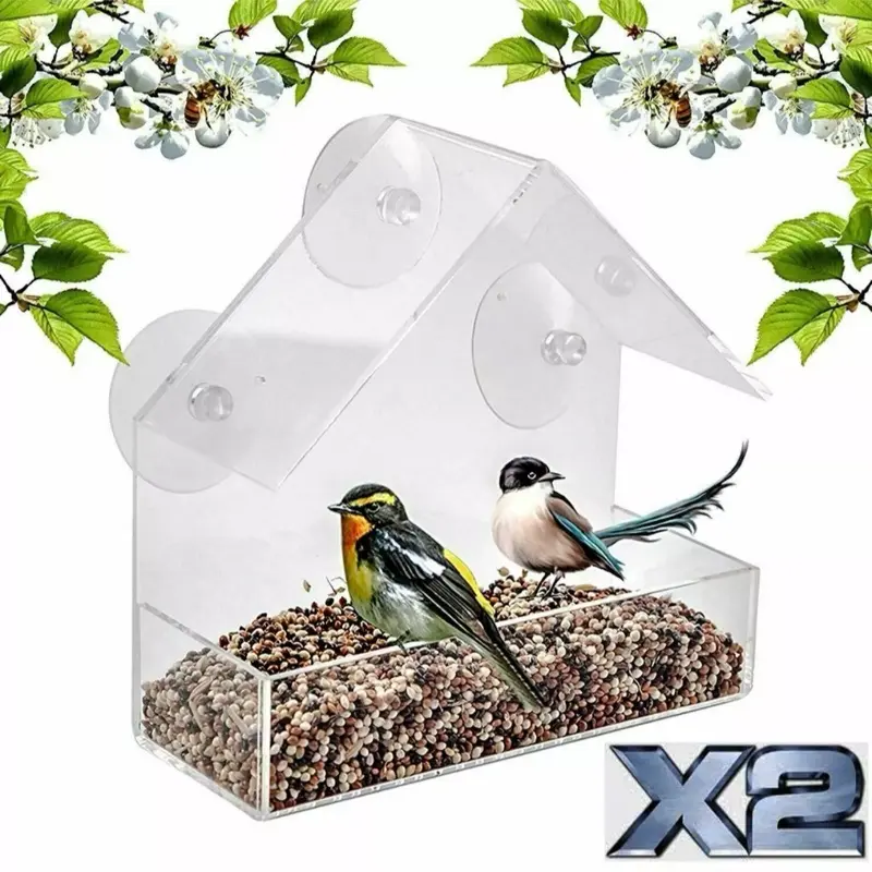 2 x Window Bird Feeder Wild Table Hanging Suction Perspex Clear Viewing Seed Nut for Garden and Home 3