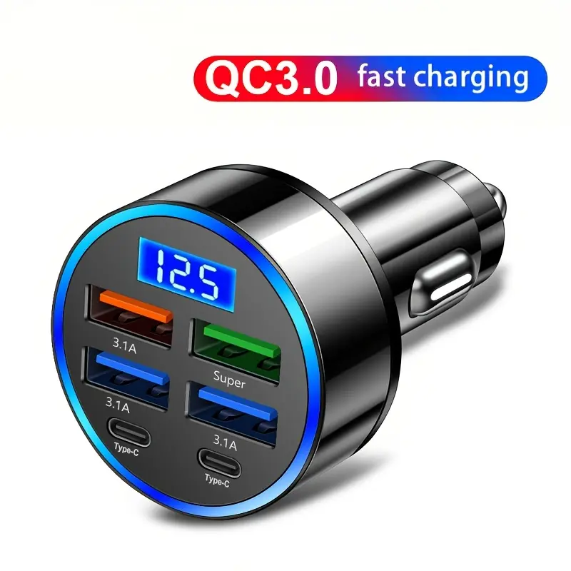 1pc Universal 6-in-1 Car Charger with Digital Display, QC3.0 & QC3.1 Fast Charging, Dual PD USB Ports, Multi-Function Vehicle Charger Adapter, 36V Max Power, USB Connector, Cigarette Lighter Plug 0