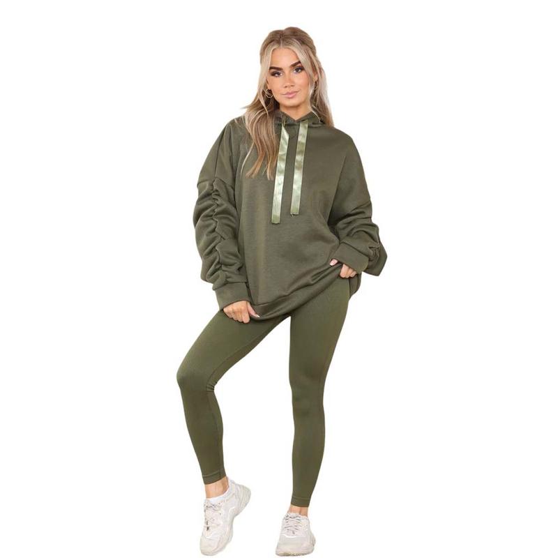 Womens Ruched Sleeve Oversized Hooded With Ribbon Ladies Sweatshirt Jumper Top 6