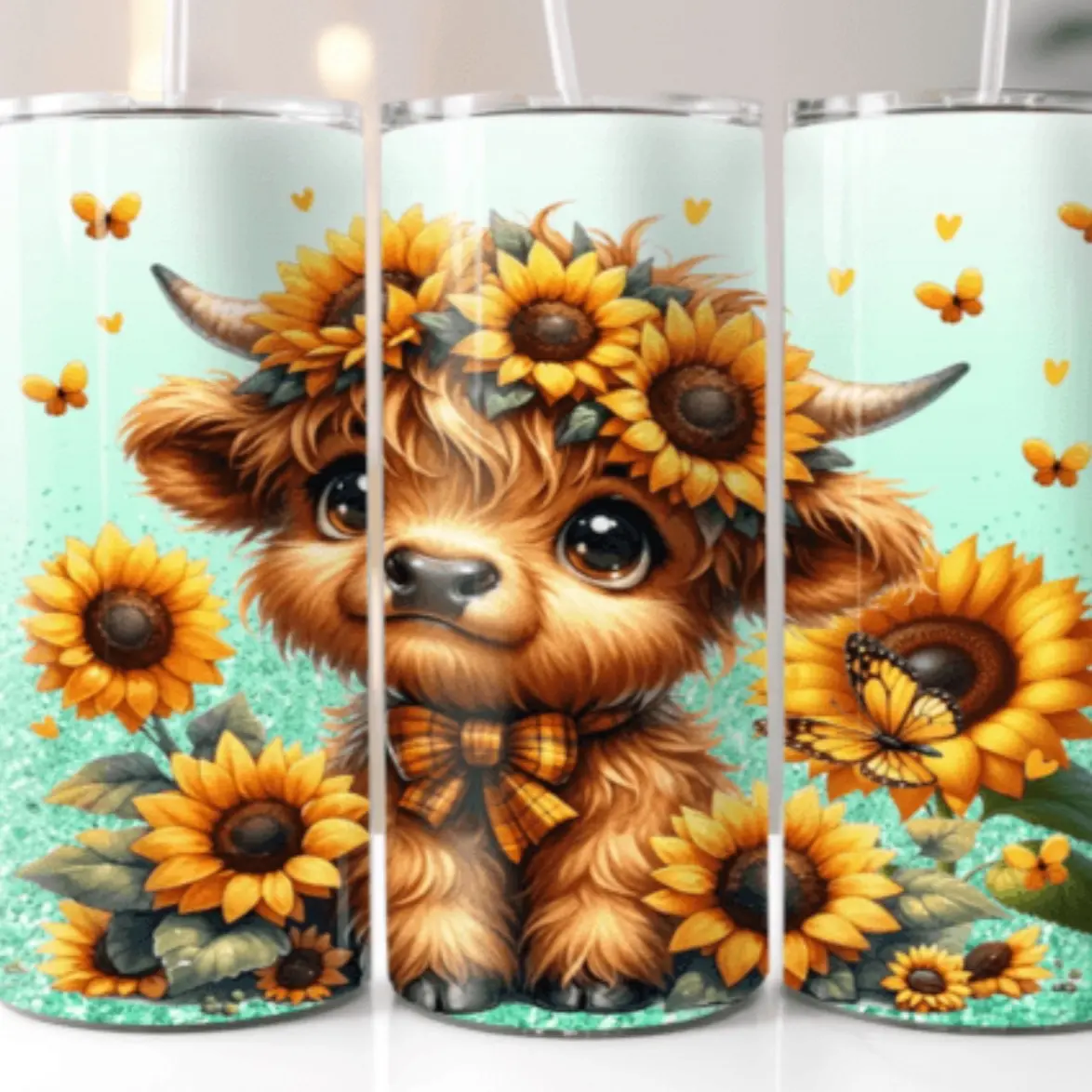 Baby Highland Cow Sunflower Metal Tumbler Stainless steel/ Metal Straw