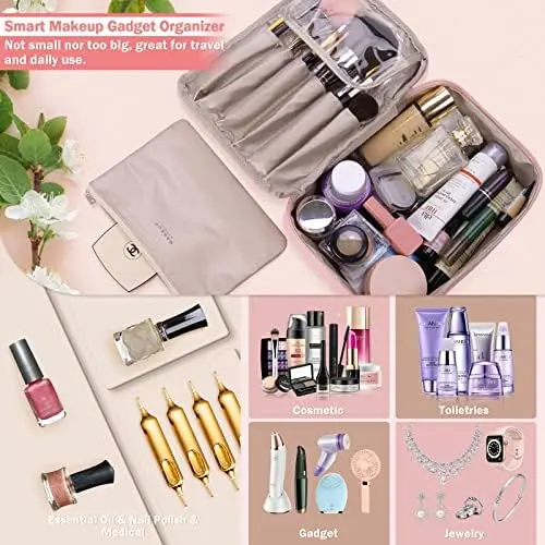 Travel Makeup Bag [with Brushes Holder & Detachable Pouch] Cosmetic Bag Makeup Case Storage Organiser for Women & Girls (Pink) 1