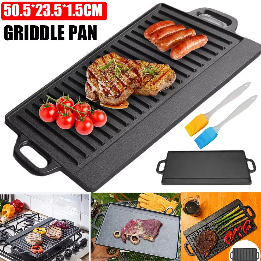 Large Non Stick Cast Iron Griddle Pan Skillet Cooking Plate Hob Stove BBQ Grill Set Cookware