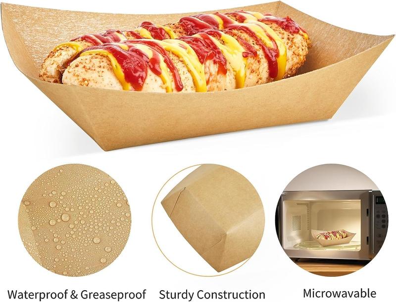 50 X Small Kraft Paper Food Trays | Brown Cardboard Serving Plates Recycled Takeaway Boxes | Disposable Containers Holder Baskets for Chips Burger BBQ Birthday Party Camping Set 1