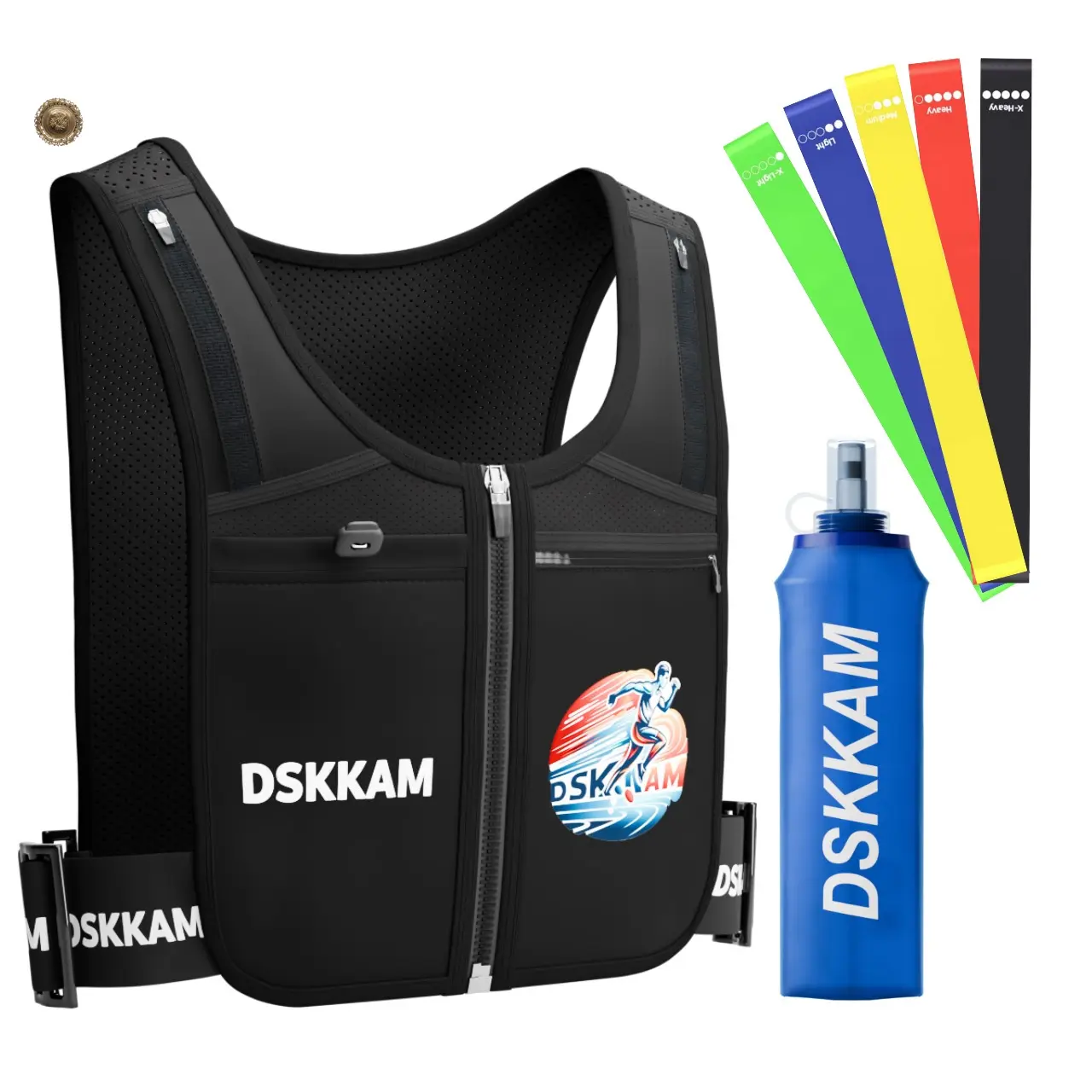 DSKKAM Running Hydration Vest with 5 Resistance Bands and 500ml Water Bottle BPA FREE | Adjustable Running Vest for Women and Men | Reflective Running Water Bottle Vest, Yoga Bands, Phone Holder