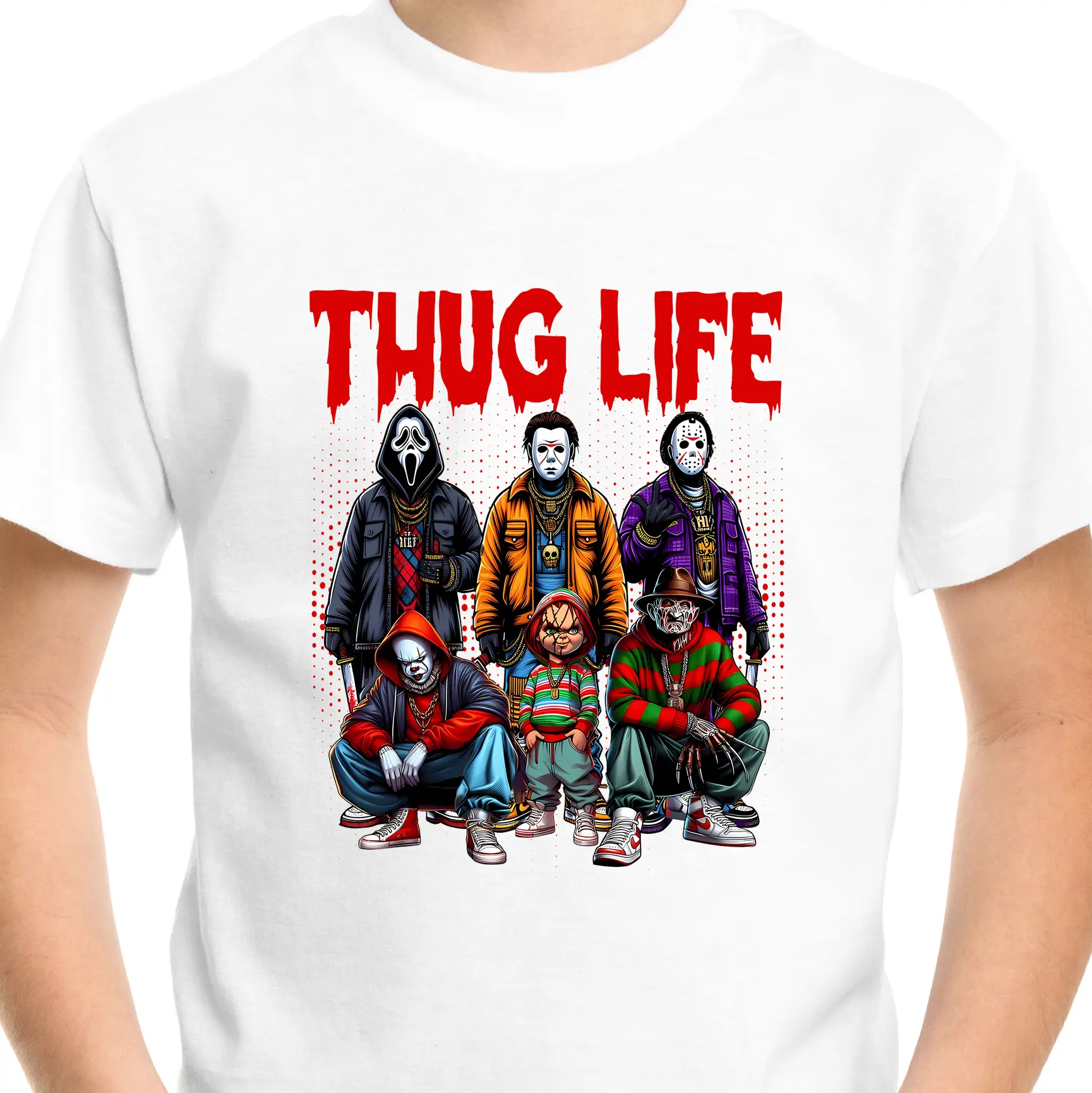 Horror Thug Life T-SHIRT Halloween Gift Men Adult Kids Top Cotton Crew Neck White Casual V2