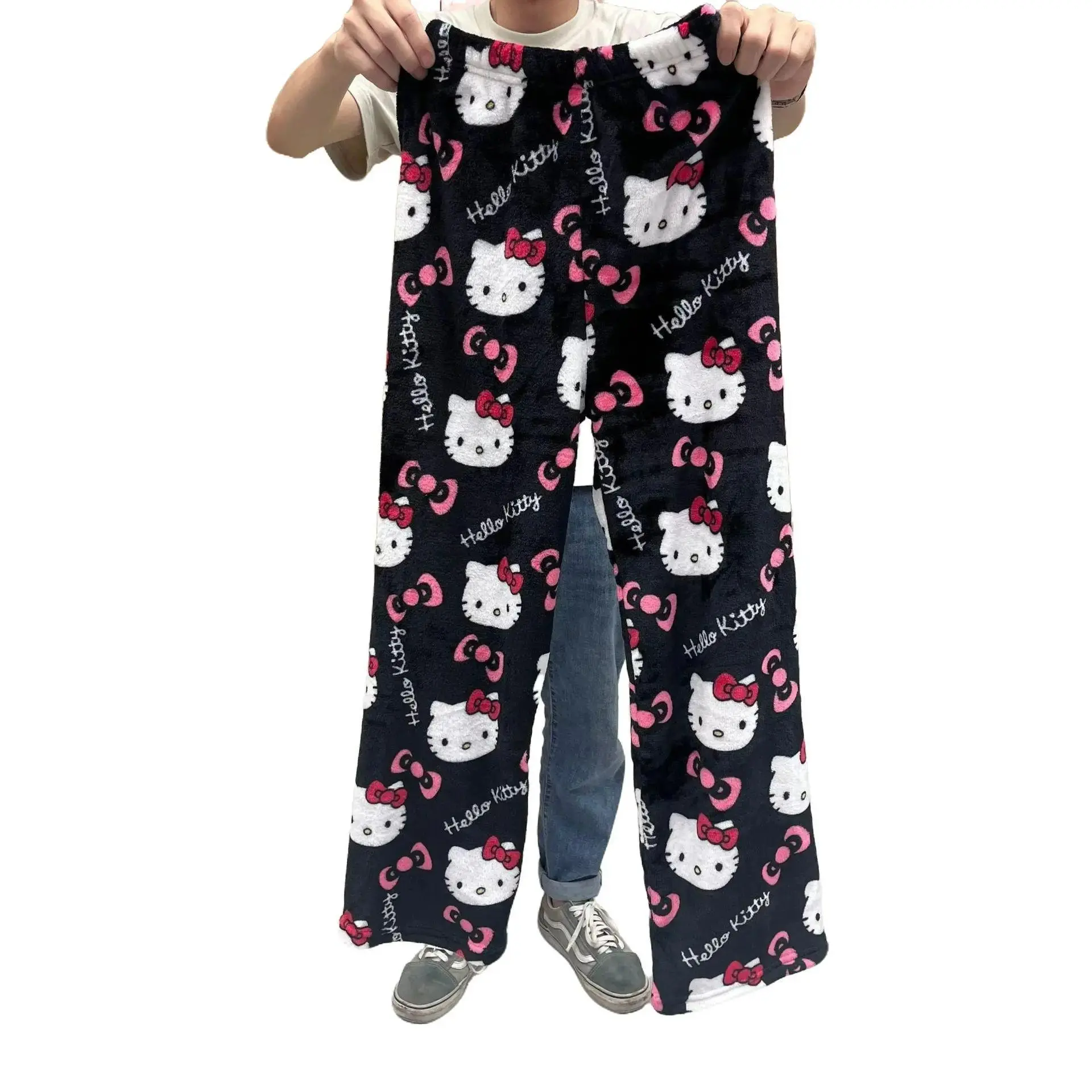 Sanrio Hello Kitty Pajamas Pants Black Pink Anime Flannel Women Warm Woolen White Cartoon Casual Home Pant Autumn Grils Trousers Loungewear Nightwear Womenswear Aesthetics Soft Comfort Homewear Pjs Pyjamas Multicolor