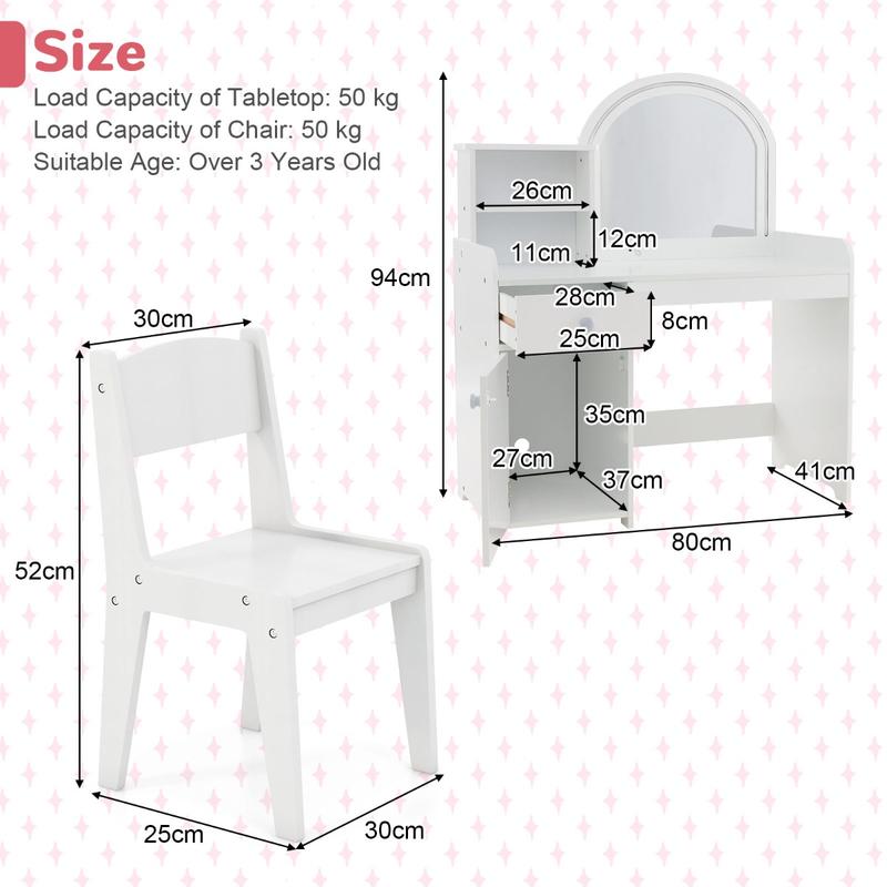 COSTWAY Kids Vanity Table and Chair Set with Shelves Drawer and Cabinet 3