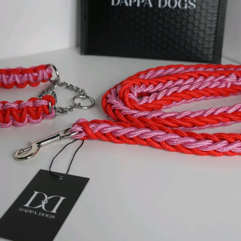Dappa Dogs Red And Light Pink Paracord Collar And Lead Set 2