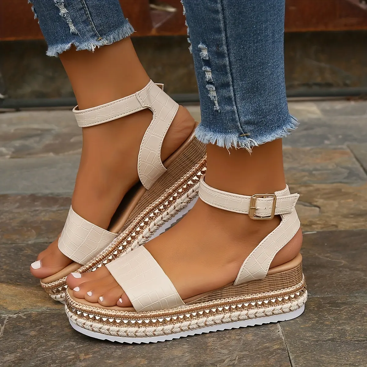 Women's Platform Wedge Sandals, Rivet Open Toe Ankle Buckle Strap Espadrilles Shoes, Casual Outdoor Sandals