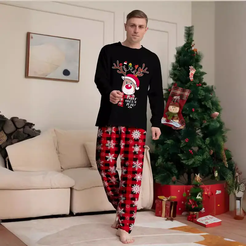Women Men New Year's Costumes Cartoon Elk Print Christmas Parent-child Matching Pajamas Set Boys Girls Sleepwear Xmas Family Look Pjs Couples Set 3