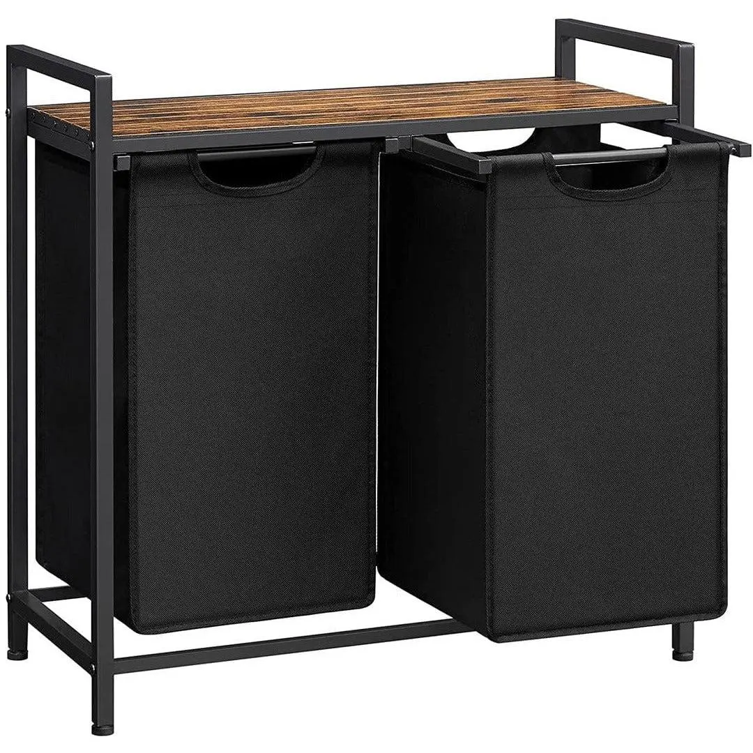 Dual Laundry Sorter With Shelf - Industrial Style With Black Metal Frame, 2 Removable Bins For Easy Sorting
